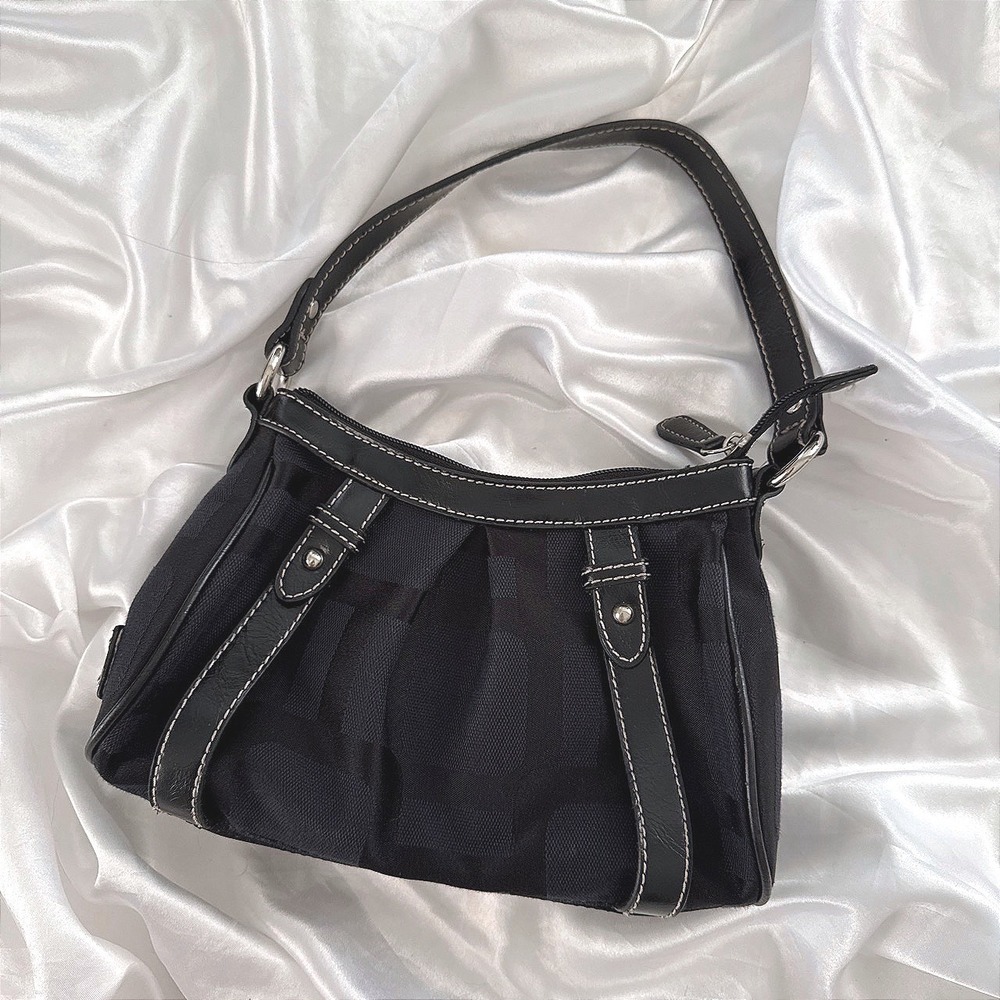 Nine West Black Jacquard Shoulder Bag Y2K White Stitch Baguette Mini Purse
